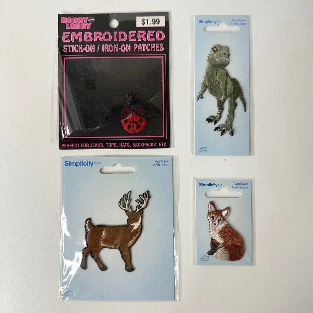 4 Animal Patches Appliques Fox Deer Dinosaur Ladybug Iron-On Stick On